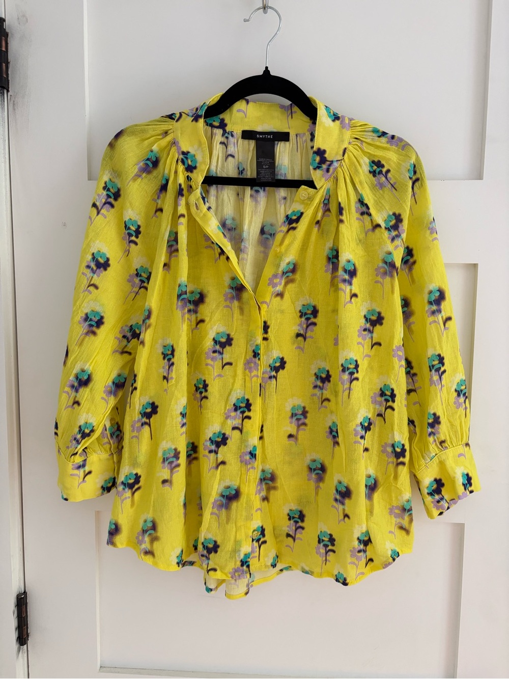 Smythe Gathered Blouse In Lemon Floral Print size S - Picture 3 of 12